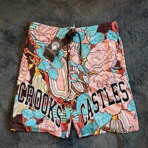 Crooks & Castles Pink & Teal Floral Graphic Mesh Basketball Shorts ~ Unreleased